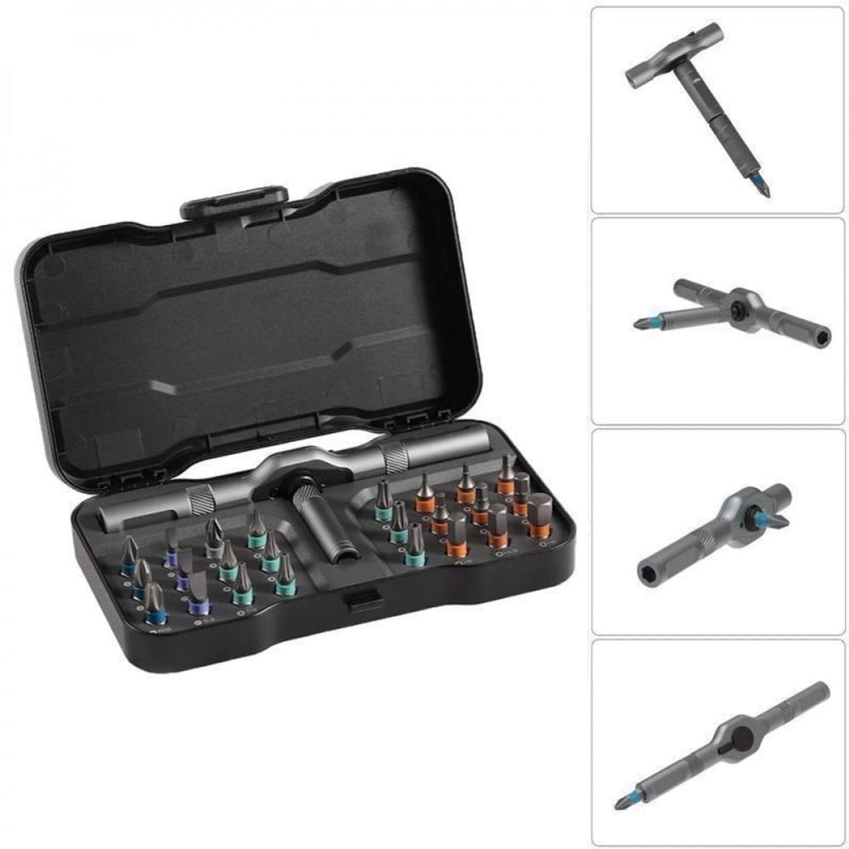 24-in-1 multifunctionele magnetische schroevendraaierset met verwisselbare opzetstukken, compacte ratelgereedschapskit in grijs en zwart