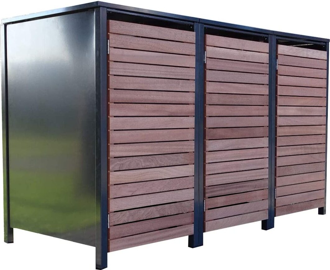 3 Premium Tailor-Mülltonnenboxen für 120 Liter Tonnen Anthrazit / Front-Edelholz