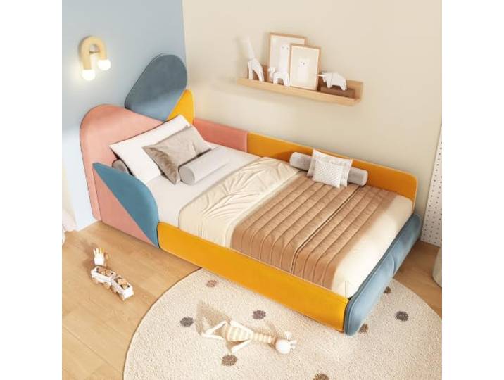 BXEYXE Kinder Polsterbett 90x200 cm, mehrfarbiges Einzelbett mit erhöhtem Seitenschutz, weiches Bodenbett mit gepolstertem Kopfteil und Fallschutz für Kinderzimmer