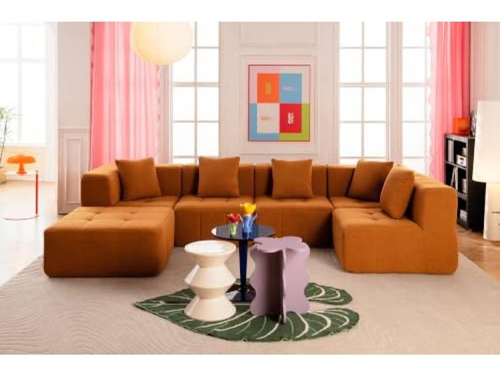 MILYsofa Modulares Wohnlandschaft, 5-Sitzer mit Ottomane, Bouclé-Bezug Zimtbraun, 6-teilig, Abnehmbare Kissenbezüge (Zimtbraun, Wohnlandschaft)