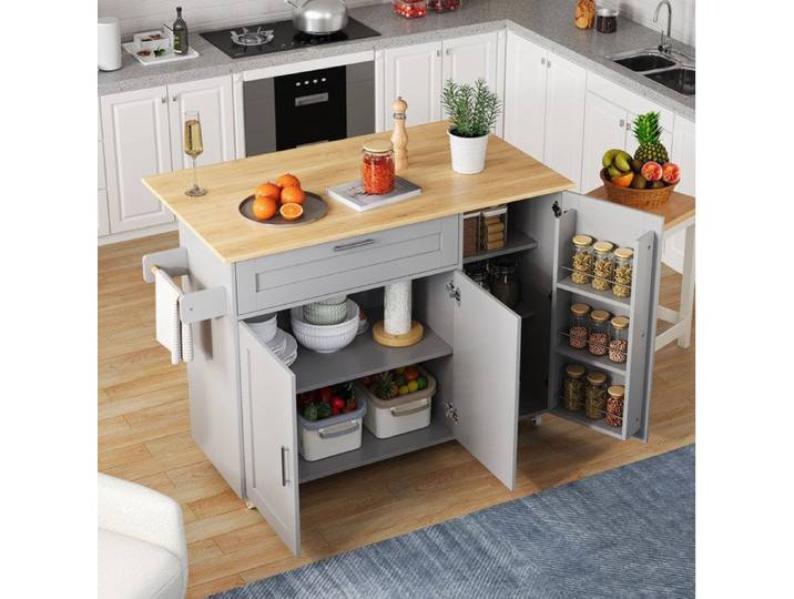 Îlot central de cuisine mobile gris effet chêne – plateau rabattable roulettes rangements