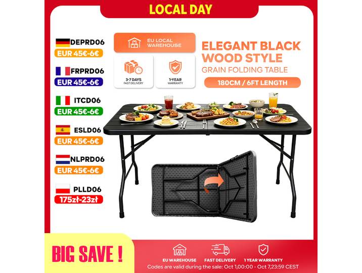 Eiryss Table Pliante Extérieur 180cm HDPE Portable Camping Charge 150kg avec Verrous + 2 Sets & 2 Sous-verres