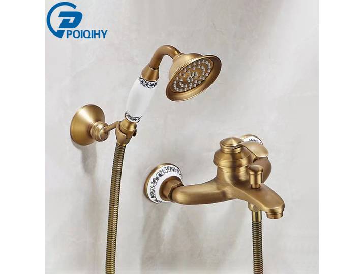 POIQIHY – Kit de pomme de douche murale à main, ensemble de robinets de douche, salle de bains, mitigeur de douche, support de douche à main en laiton Antique