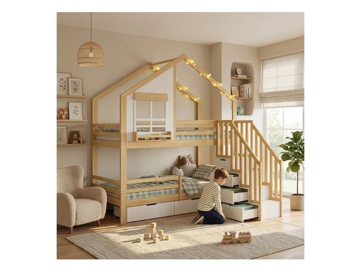 TavilaEcon Etagenbett Kinderbett mit zwei Rollschubladen und Treppen-Schubladen (1-St), Leiter mit stabilen Handläufen, 90×200cm, natur+weiß