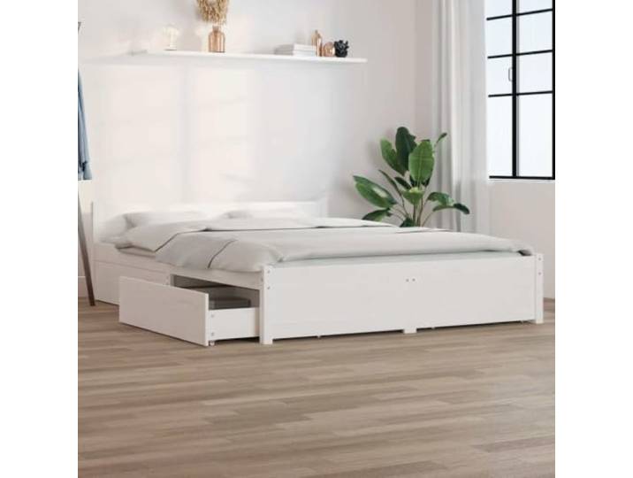 RJPLMFV Bettgestell, Weiß, 140 x 200 cm, mit Schubladen Kiefer massiv, bequemes Kopfteil, robuste Latten, integrierte Aufbewahrung