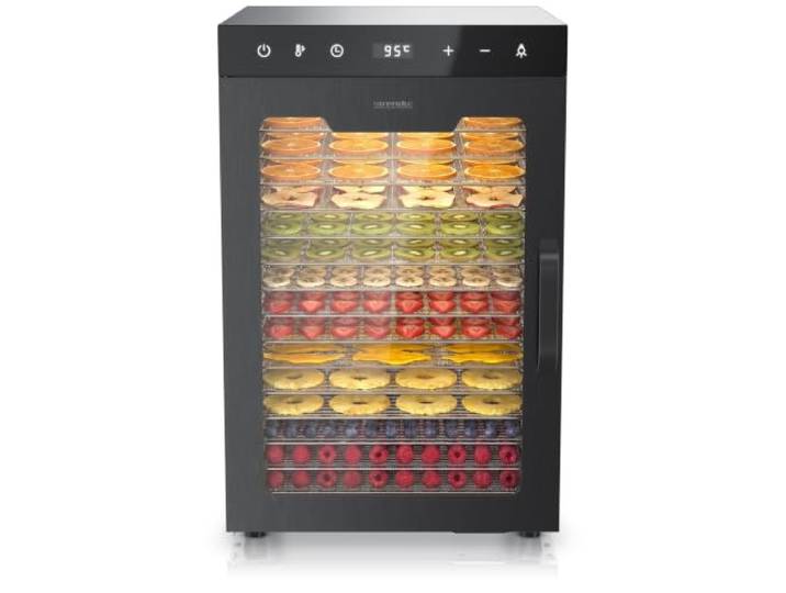 Arendo - Dörrautomat Edelstahl mit 16 Edelstahlgitter - 1000 Watt - 13400 cm² - 8 Programme - Dörrgerät Dehydrator Obsttrockner Dörrapparat - Obst Fleisch Pilze uvm - LED Touch Control