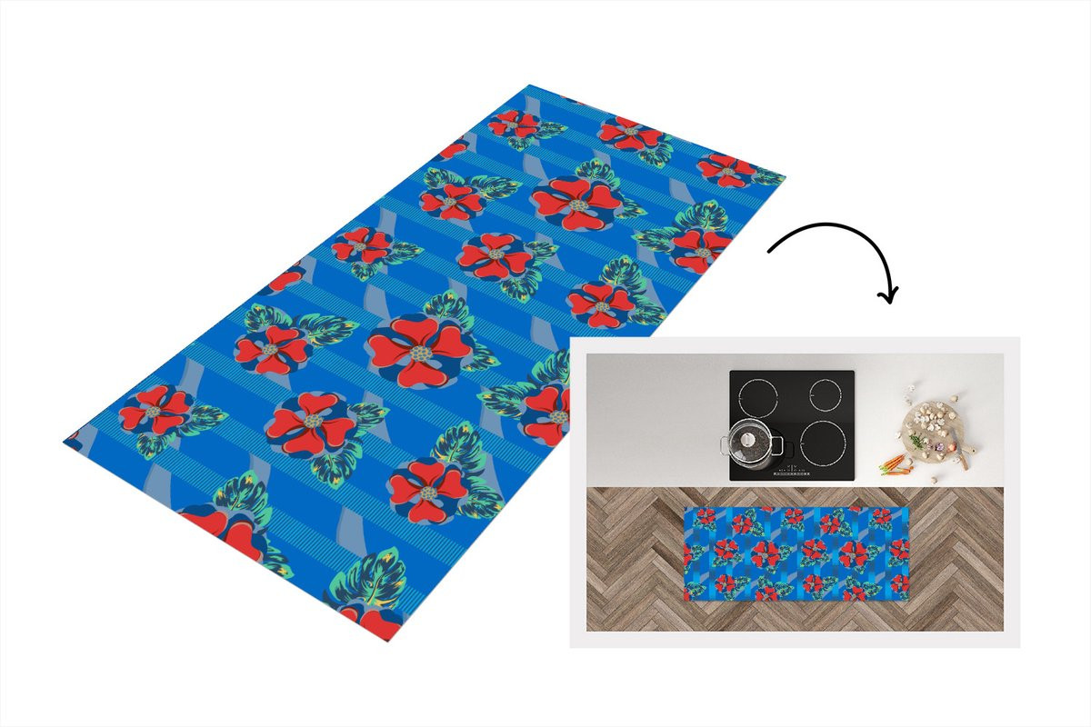 KitchenYeah Keukenloper Hibiscus Hawaii Rood met Bloemenpatroon Vinyl 120 x 50 cm