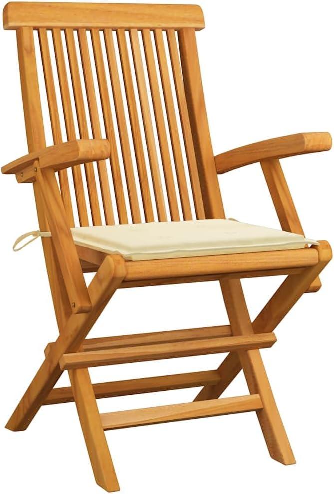 Set aus 4 Teakholz-Gartenstühlen mit cremefarbenen Kissen, klappbare Holzstühle für Terrasse und Innenhof, massive Teak-Gartenmöbel, bis 110 kg pro Sitzplatz