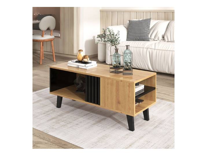 IDEASY Couchtisch Couchtisch 100x60x45 mit Schubladen – Holz & Schwarz