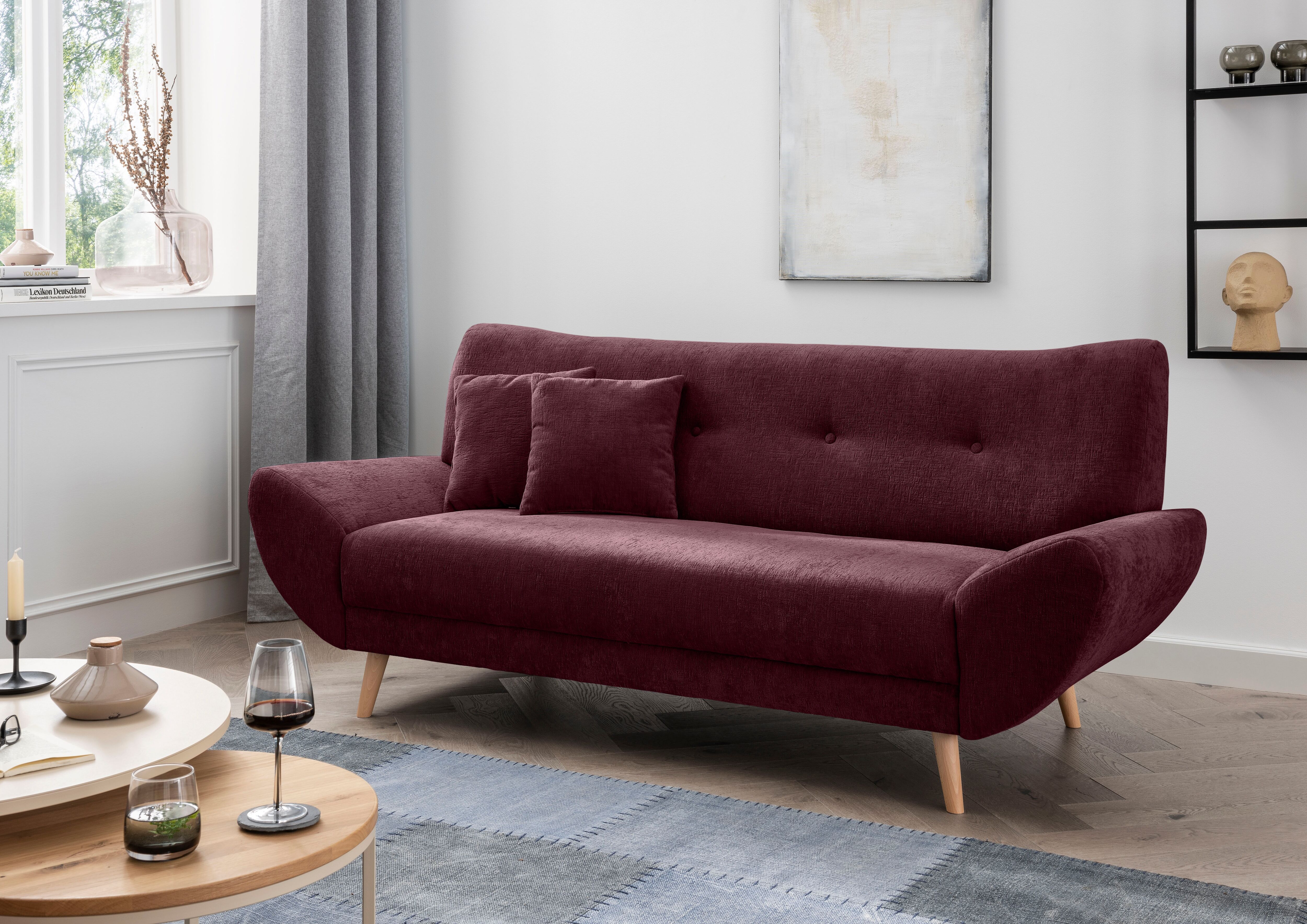 3-Sitzer HOME AFFAIRE "Basta, komfortable Wellenunterfederung, Breite 205cm", rot (bordeaux), B:205cm H:82cm T:87cm, 100% Polyester, Sofas, 3-Sitzer bordeaux B/H/T: 205cm x 82cm x 87cm, Microfaser, gepolstert,bordeaux,3-Sitzer