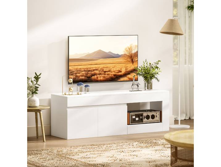 HOMCOM Meuble TV Moderne 140 cm Blanc avec 2 Portes et Étagère