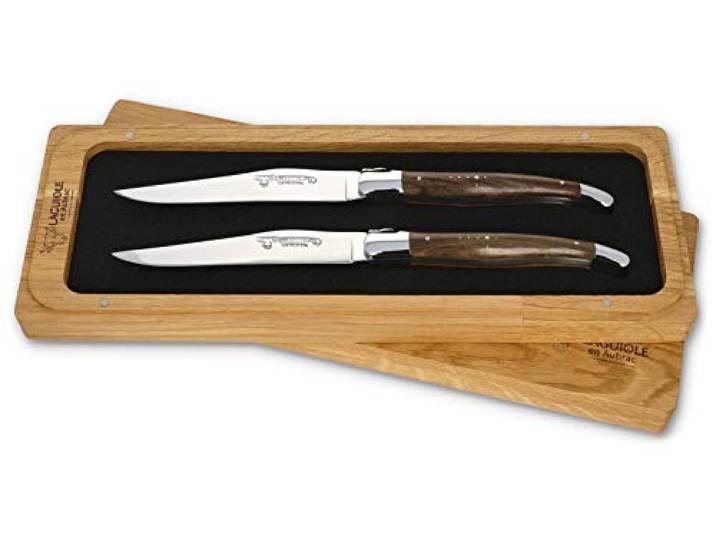 Laguiole en Aubrac - 2er Set Laguiole Steakmesser aus Frankreich - Griff Nussbaumholz - Stahl glänzend - Original mit Zertifikat