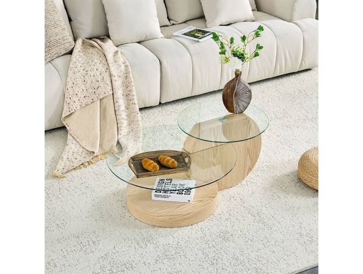 Table basse - WESTYLE - Design minimaliste - Verre de sécurité - 2 niveaux - Aspect bois clair