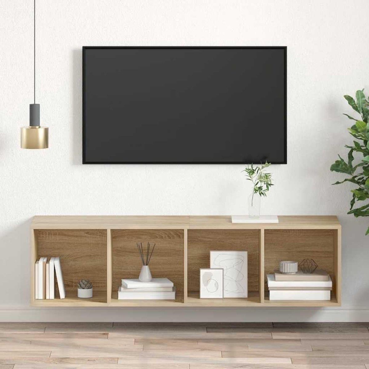 Tv Wandkast Sonoma Eiken - Hangende Media Kast - Breedte: 142,5 cm