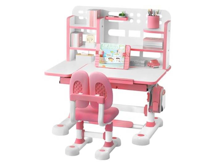 Kinderschreibtisch höhenverstellbar mit Stuhl für Kinder Ergonomisches Kinderschreibtisch-Set, neigbare Platte 0-50°, mit Schublade & Buchständer für optimales Lernen Altrosa