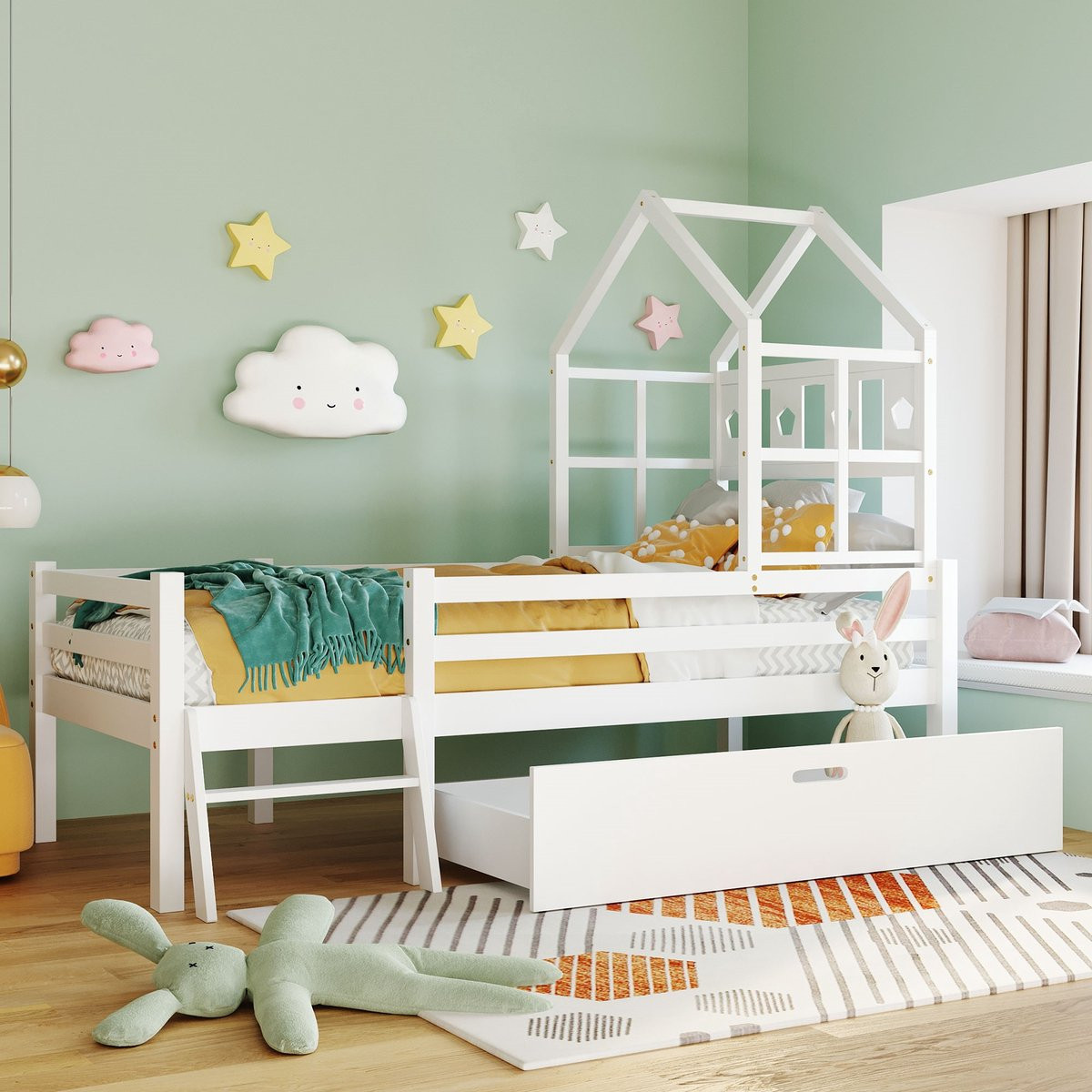 MIVRAY Kinderhoogbed in massief hout met ladder, bedlade en uitvalbeveiliging, Wit, B/D/H: 90 x 200 cm
