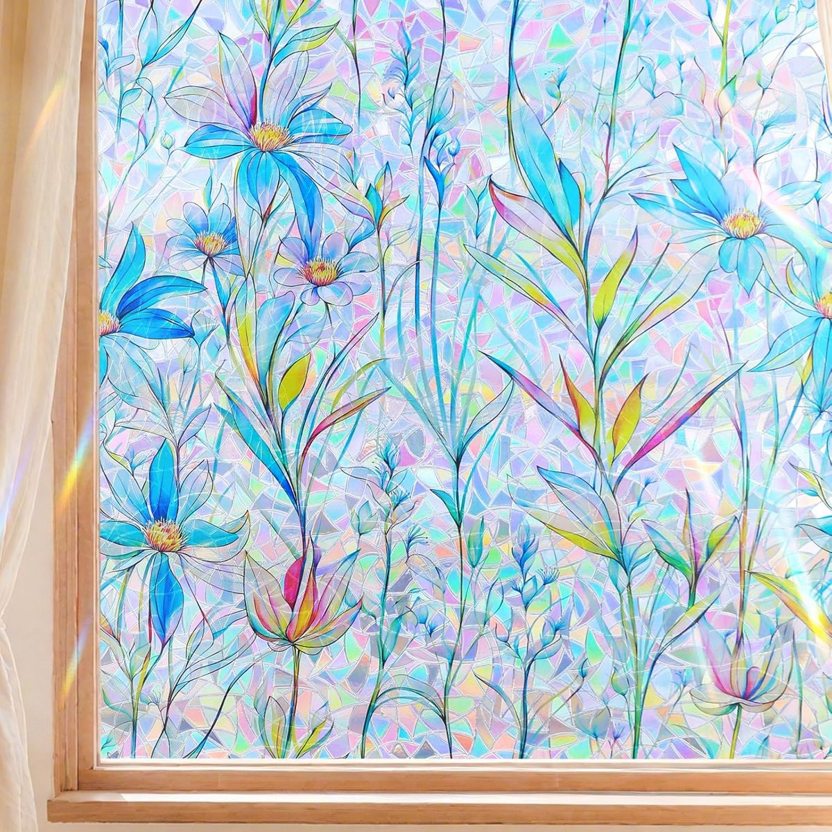 Zelfklevende statische raamfolie met kleurrijk bloemmotief voor privacy en decoratie