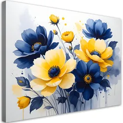 LEINWANDBILDER, Blaue und gelbe Blumen in einem fröhlichen Aquarell