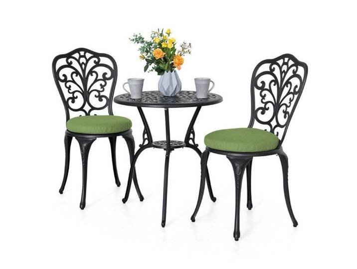 Avestar Ensemble de Bistrot de Jardin 3 Pièces Comprenant 1 Table et 2 Chaises avec Coussin Vert Cadre en Aluminium Coulé Noir