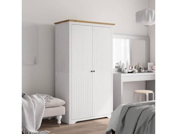 Kleiderschrank BODO Weiß und Braun 99x53,5x173 cm Kiefernholz Kleiderstange,obere Ablage,Metallgriffe,staubfrei,klassisches Schlafzimmer