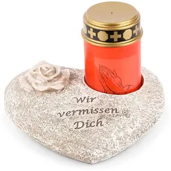Grabschmuck Herz Grau mit Rose Spruch Wir vermissen Dich inkl. LED Grablicht Rot Grabdeko Grabherz Wetterfest Grabdekoration Gedenkstein Teelichthalter Trauerstein
