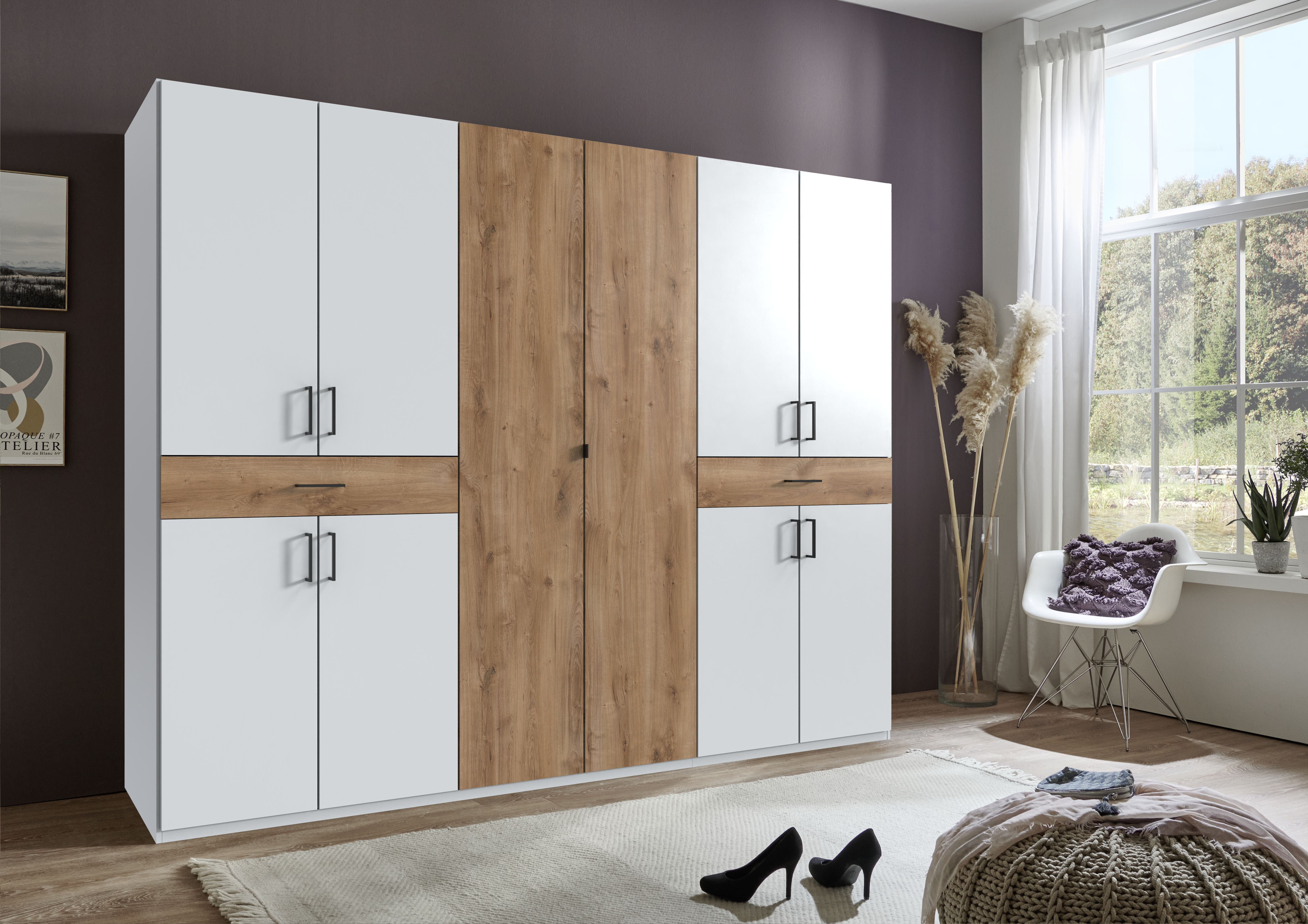 Drehtürenschrank WIMEX "Tibet Kleiderschrank mit sehr viel Stauraum, grosse Farbauswahl", weiss (weiß, absetzung plankeneiche nachbildung), B:270cm H:208cm T:58cm, Holzwerkstoff, Schränke, Drehtürenschrank, mit jeweils 2 Schubladen auf bequemer Zugriffshö
