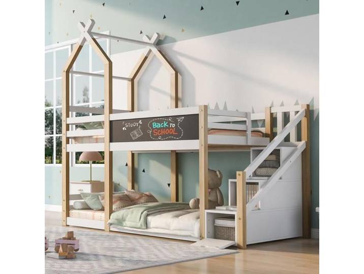 Lit superposé 90x200 cm lit enfant avec rangement Blanc+Bois