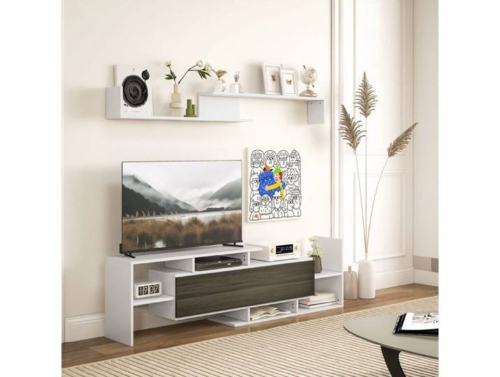Meuble TV - PAGE LIVING - Armadio en bois - Portes coulissantes - Étagère murale incluse - Blanc et noir