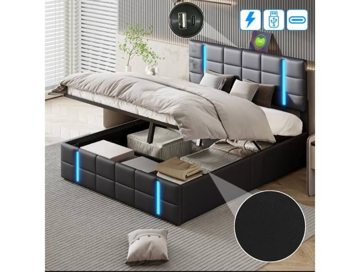 Lit double 160x200 - Style Techno - Rangement hydraulique - LED RGB & 2 ports USB - Similicuir noir