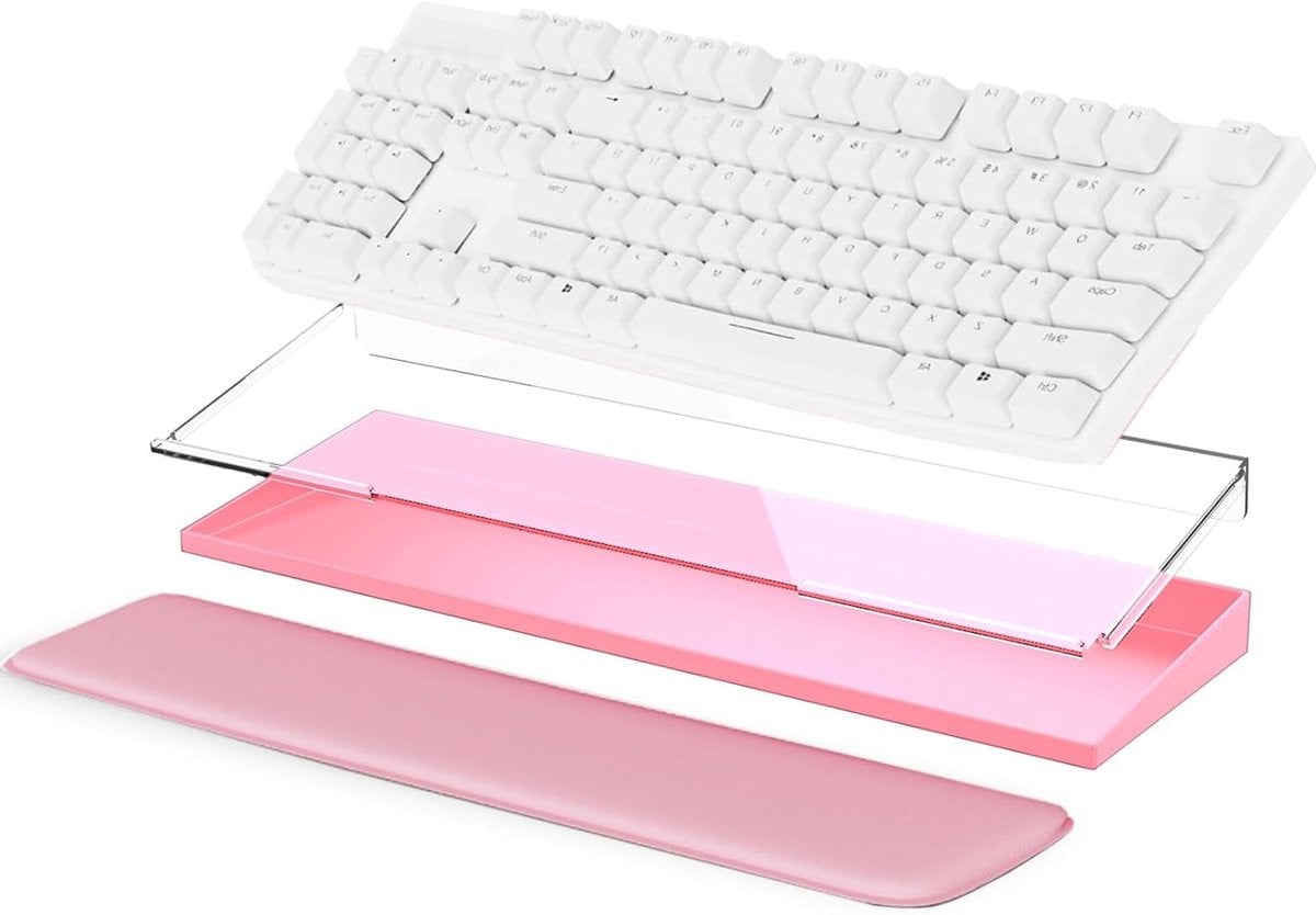 Ergonomische schuine toetsenbordhouder van transparant acryl, roze, 44.5 x 14 x 3.5 cm