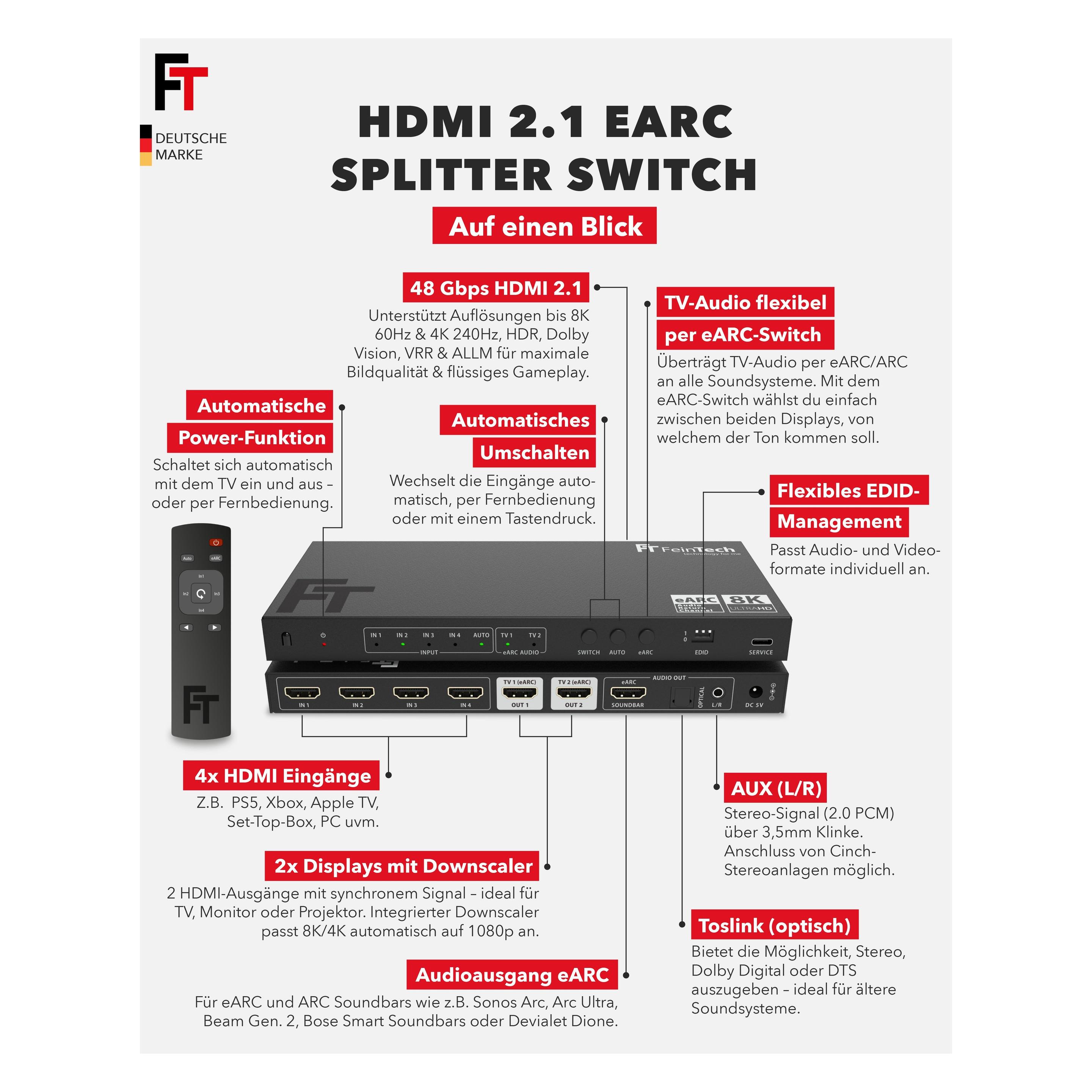 FeinTech AX341 HDMI 2.1 eARC Splitter Switch 4 In 2 Out + Audio Extractor to eARC-Soundbar, Optical & AUX (77247585)