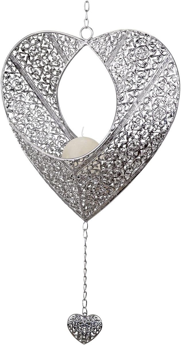 Decoratieve hartvormige lantaarn hanger voor theelicht - Zilver - 32 cm