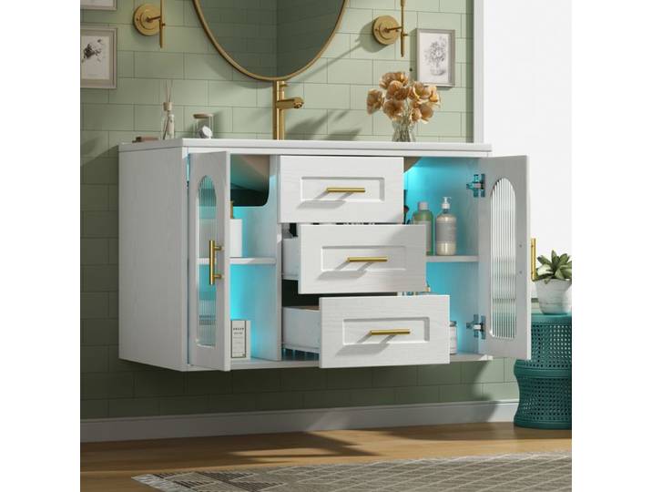 MEULVA Meuble sous vasque suspendu 76 cm avec vasque en céramique LED blanc effet bois