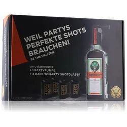 Jägermeister Kräuterlikör 35% Vol. 1,75l in Geschenkbox mit Partypumpe & 4 Shotgläser