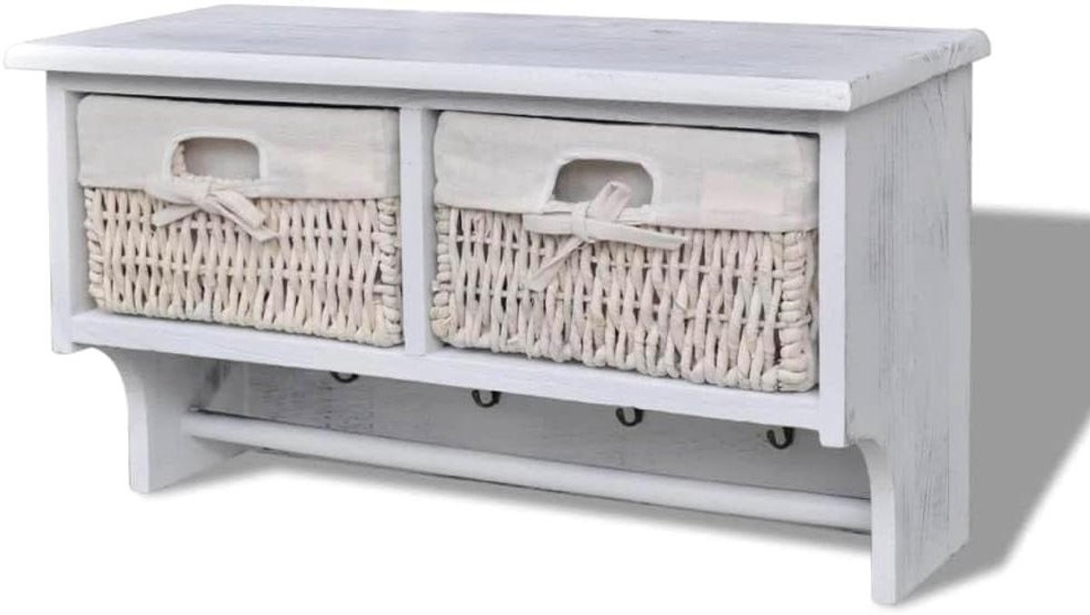 Wit Wandrek van Hout met Manden en Haken - Breedte: 60 cm