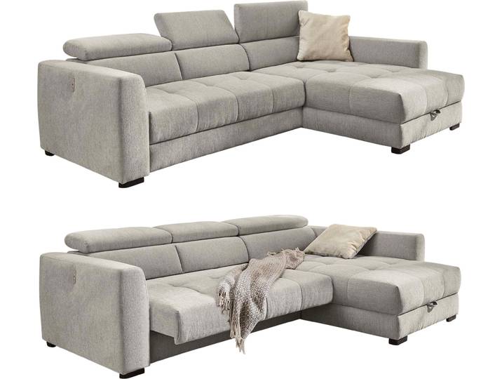 Ecksofa Sitz elektrisch ausfahrbar verstellbar Couch Kopflehne Bettkasten Grau / 15408