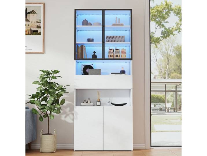 70 * 30 * 200cm Vitrine vitrines avec tiroirs et armoires vitrine en verre avec portes en verre et LED bibliothèque blanc