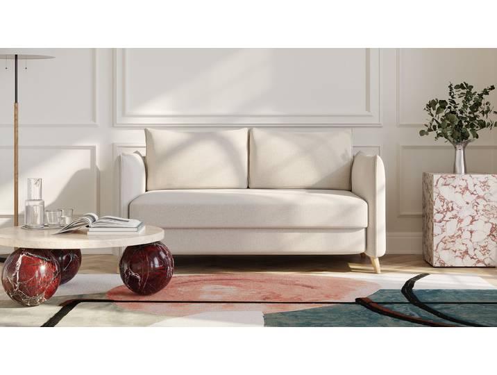 BRUNO Schlafsofa 140cm in Creme Ecru Pillow stabiles Massivholz & Boxspringkomfort