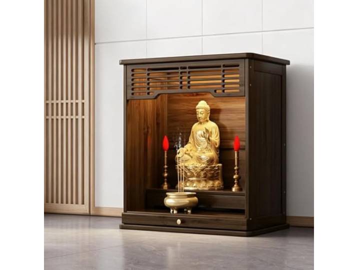 Bambus Schrein, Hausaltar Tisch mit Schublade für Meditation und Gebet Freistehender Gebetsschrein mit verstellbarem Regal, für Buddha, Guanyin & Gott des Reichtums, für Wohnzimmer & Arbeitszimmer