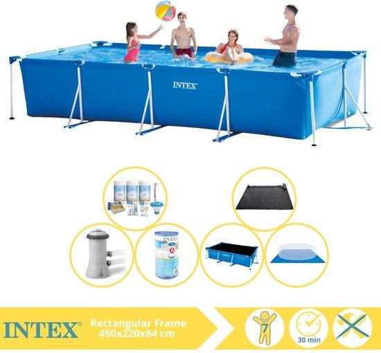 Intex Rectanguläres Rahmen Schwimmbad - Aufbauschwimmbad - 450x220x84 cm - inkl. Solarvorhang, Wartungspaket, Schwimmbadpumpe, Filter, Bodenrollo und Solarmat
