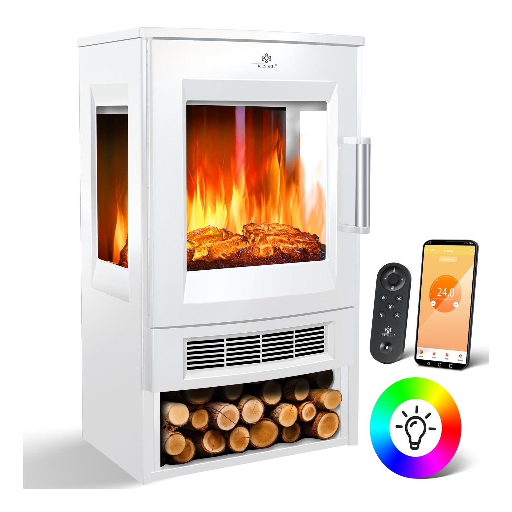 KESSER® Elektrokamin mit Heizung Panorama-Sichtfenster Heizlüfter 9 LED-Flammeneffekt Farbmodi Fernbedienung WiFi App 900/1800W Kaminfeuer elektrisch Elektro Kamin mit Thermostat Heizfunktion Timer