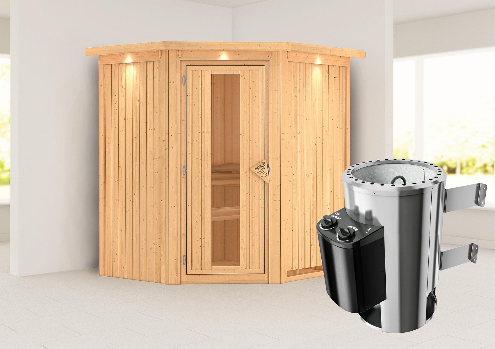 KARIBUHOLZT Sauna Tonja Eck 3,6kW int.Strg m.Isoliertür u.Dachkr 16879975
