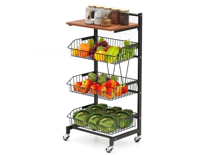 COSTWAY Chariot de Service à 4 Étagères 3 Paniers Amovibles Hauteur Réglable Desserte de Cuisine à Roulettes pour Fruits Légumes