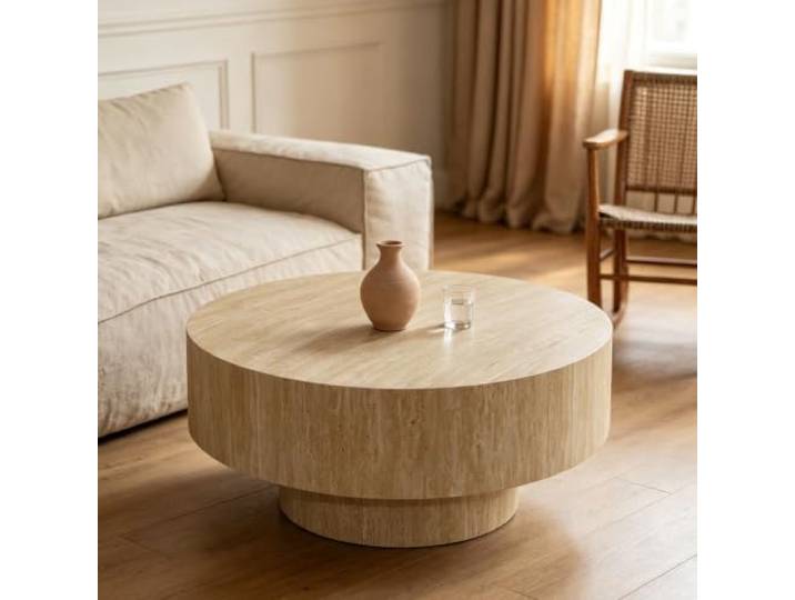 Moderner runder Travertin-Couchtisch, kleiner Trommel-Couchtisch aus Holz Runder Wohnzimmertisch mit Steinoptik, kompakter Beistell- und Cocktailtisch für Wohnzimmer und Apartments