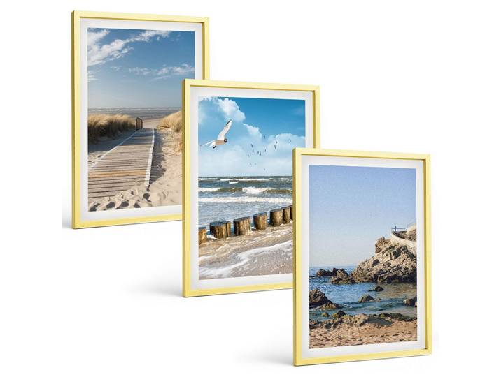 BILDER SET 3er Set - 40x60 cm Goldrahmen - Strand Holzsteg Klippen