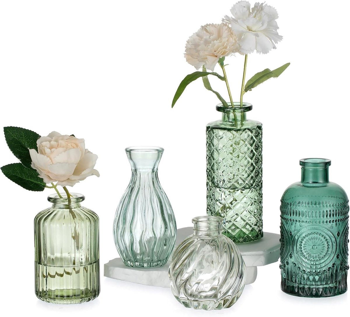 Set van 5 kleine groene vazen voor bloemen