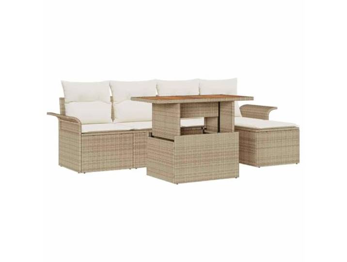 Polyrattan Garten-Set 6 Elemente Beige mit Kissen und Ablagefächern Modulares Design, Staufächer wasserdicht, verstellbare Tischbeine, Polyesterkissen, einfache Pflege