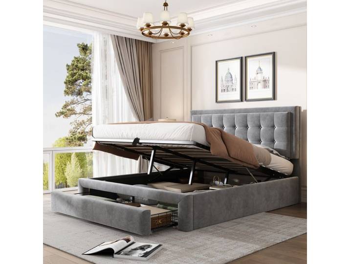 Lit coffre - VVBV - Lit coffre - 140 x 190 cm - Velours gris - Sommier à lattes