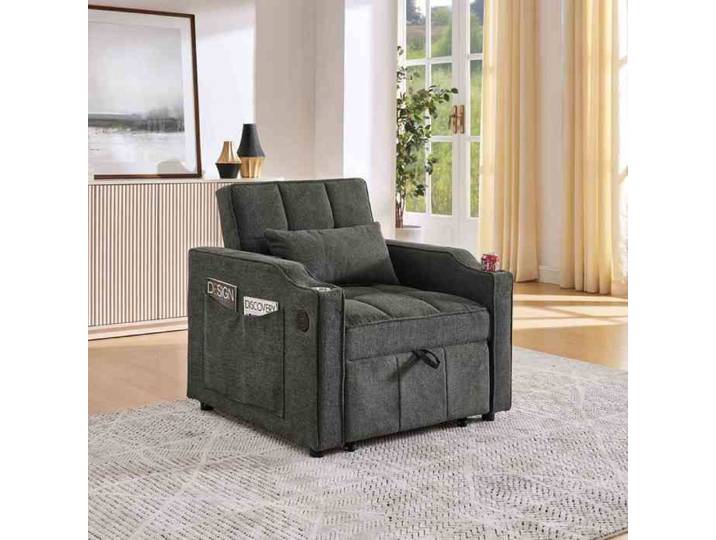 Canapé-lit - HIBA - 3 en 1 - Gris - Convertible coulissant - Ports USB intégrés