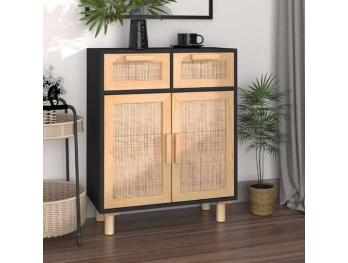 HEFZGDB Sideboard aus Kiefernholz mit Naturmaterialien in Schwarz mit Schubladen und Fächern, Stabiles Sideboard mit großer Staukapazität, mit Rattanfronten und Massivholzbeinen 60x30x75cm